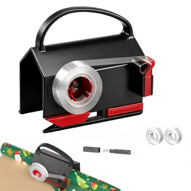 Black gift wrap cutter with 2 tape rolls and a spare blade