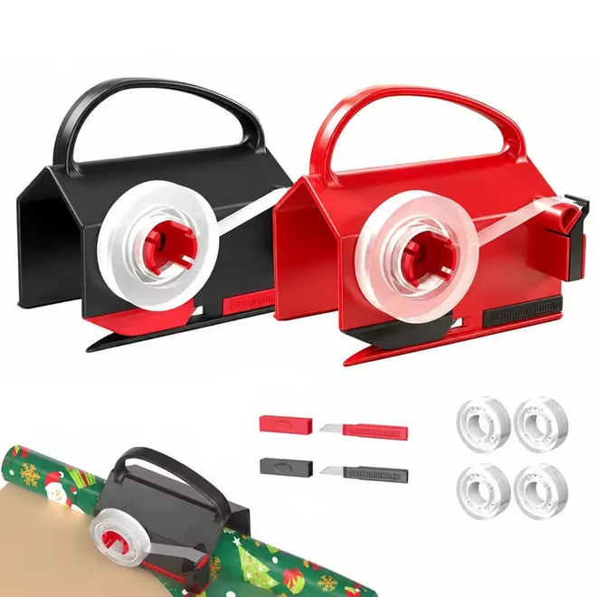 Red and black gift wrap cutters with 4 tape rolls and 2 spare blades