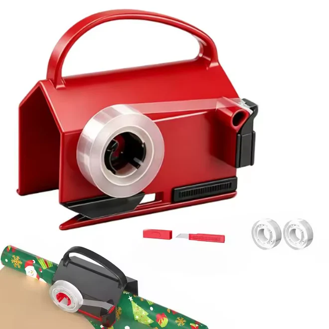 Red gift wrap cutter with 2 tape rolls and a spare blade